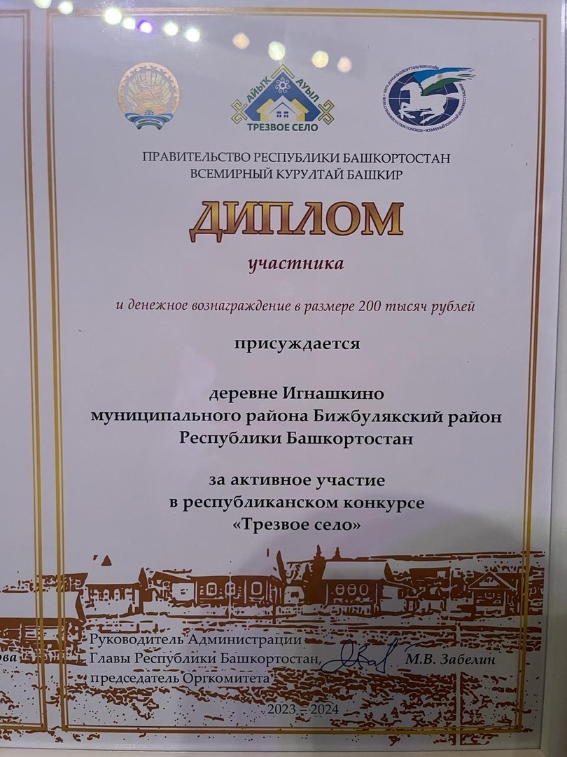 Деревня Игнашкино Бижбулякского района удостоена Диплома конкурса Трезвое Село - 2024